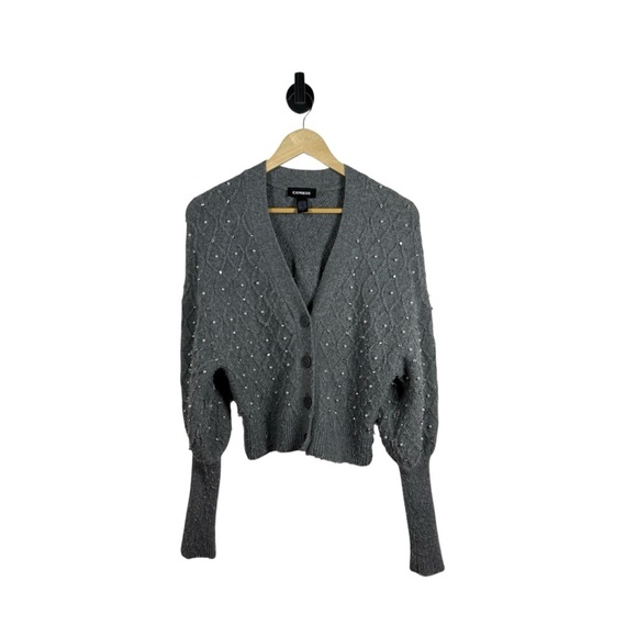 Express Embellished V-Neck Balloon Sleeve Cardigan in Grey Size XS - Picture 11 of 15